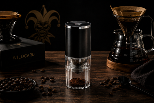 Portable electric coffee grinder in a dark Wildcard coffee bar setting
