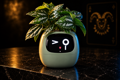Rounded green expressive planter; plant shown for styling